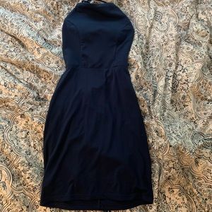 high neck navy blue dress